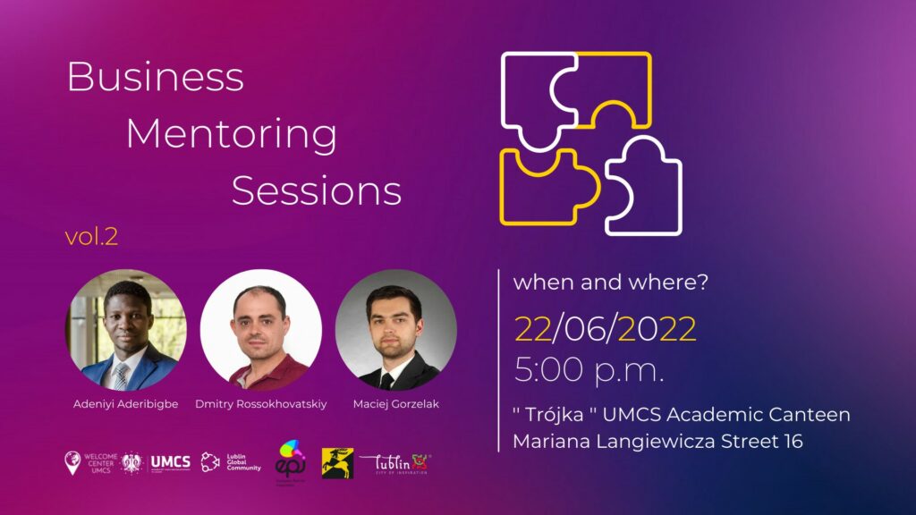 Plakat wydarzenia Business Mentoring Sessions, który odbędzie się 22 czerwca 2022 r. o 17:00